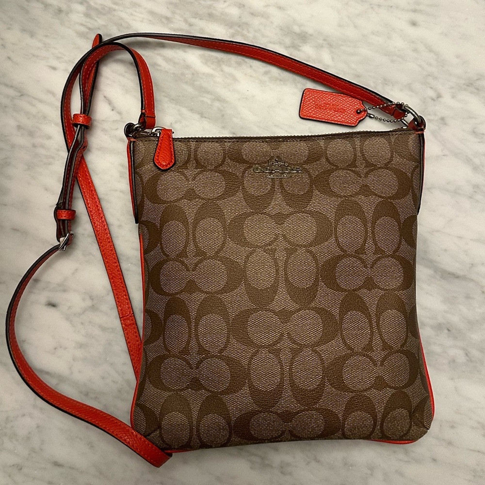 Coach Brown Logo and Coral Trim Crossbody Bag